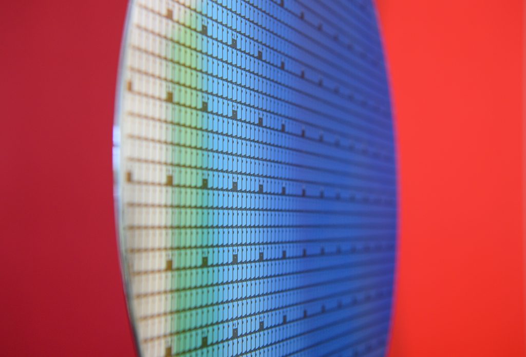 A semiconductor wafer from a Bosch semiconductor manufacturing plant. The global chip shortage is making these wafers highly coveted by manufacturers across industries