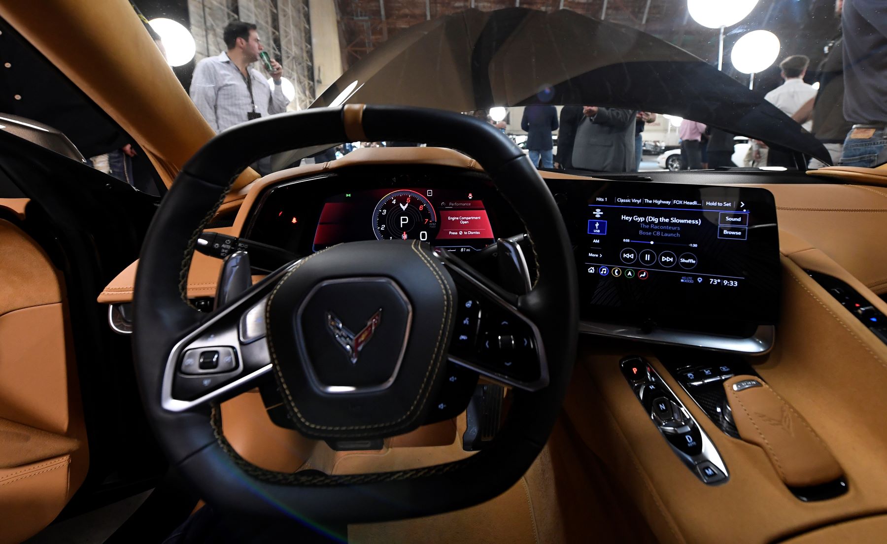 The interior of a C8 Chevy Corvette Stingray at a news conference in Tustin, California