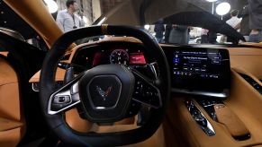 The interior of a C8 Chevy Corvette Stingray at a news conference in Tustin, California
