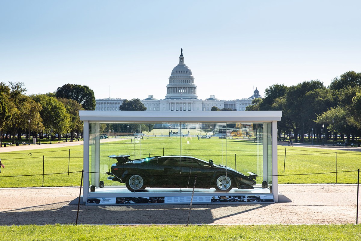 The 1979 Lamborghini Countach from the film "The Cannonball Run" on display at the National Mall to celebrate its inclusion in the National Historic Vehicle Register