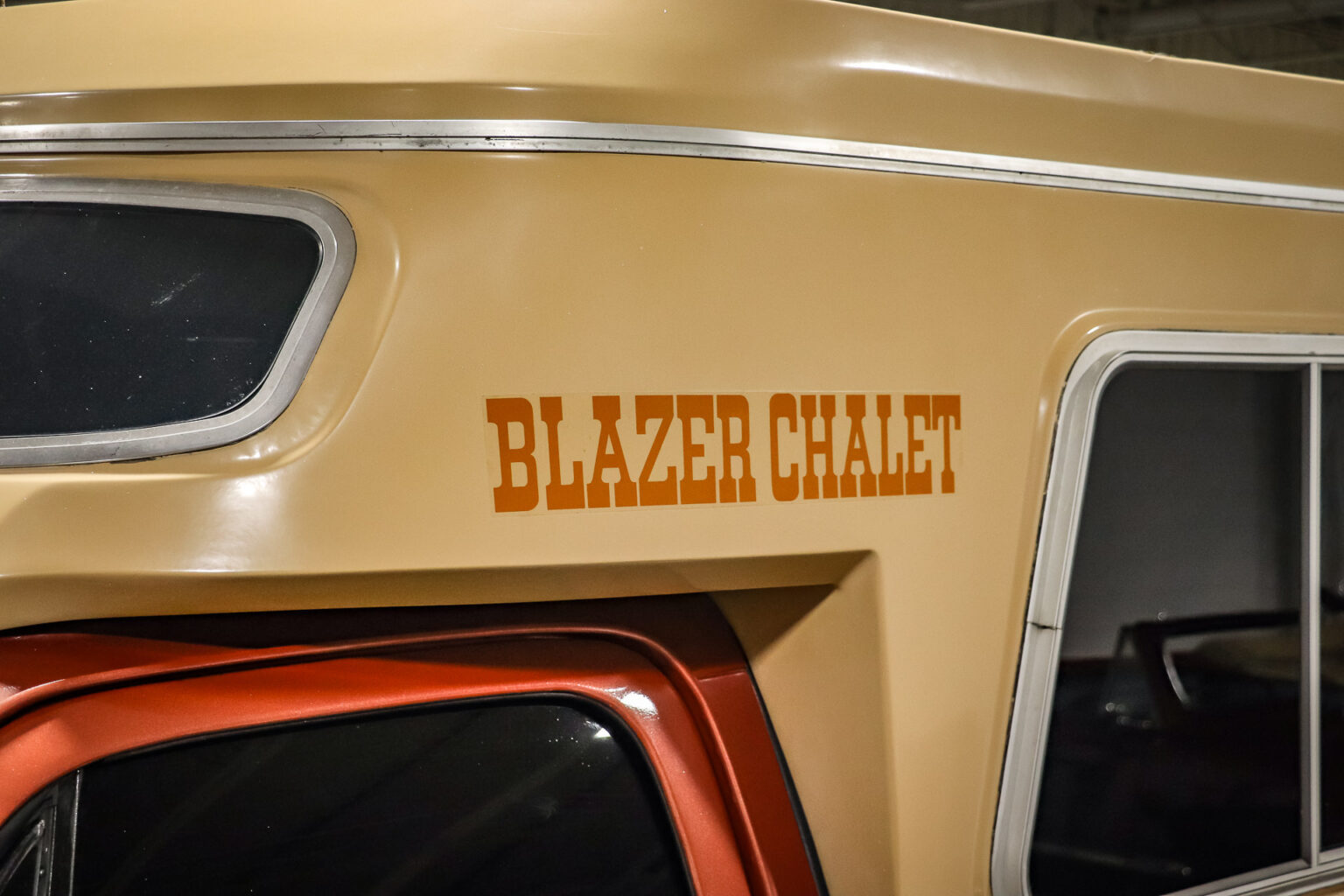 upclose on the vinyl graphics for a 1977 Chevrolet Blazer Chalet is the king of the vintage campers