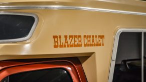 upclose on the vinyl graphics for a 1977 Chevrolet Blazer Chalet is the king of the vintage campers