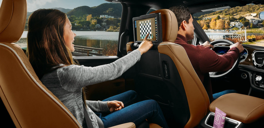 The interior of the 2022 Chrysler Pacifica minivan and its theater system