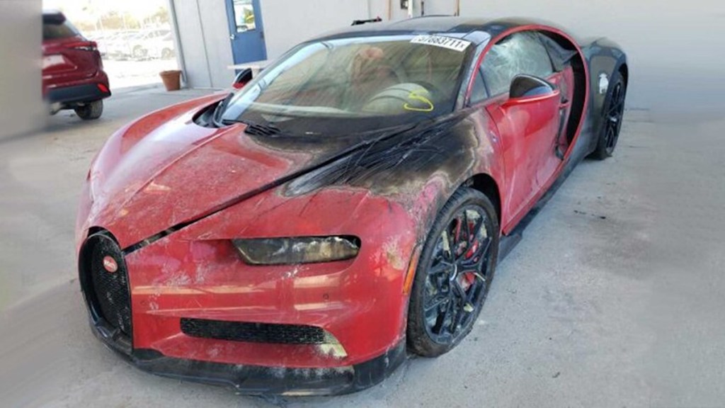 The charred remains of the burned Bugatti Chiron 