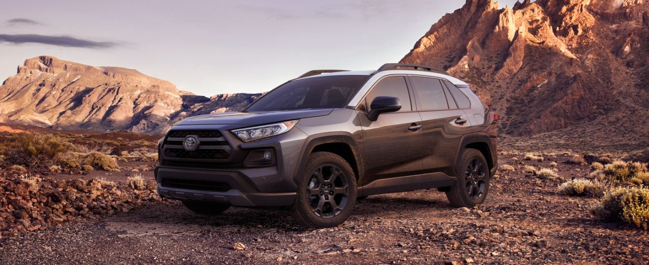 Dark gray 2022 Toyota RAV4 parked on desert terrain