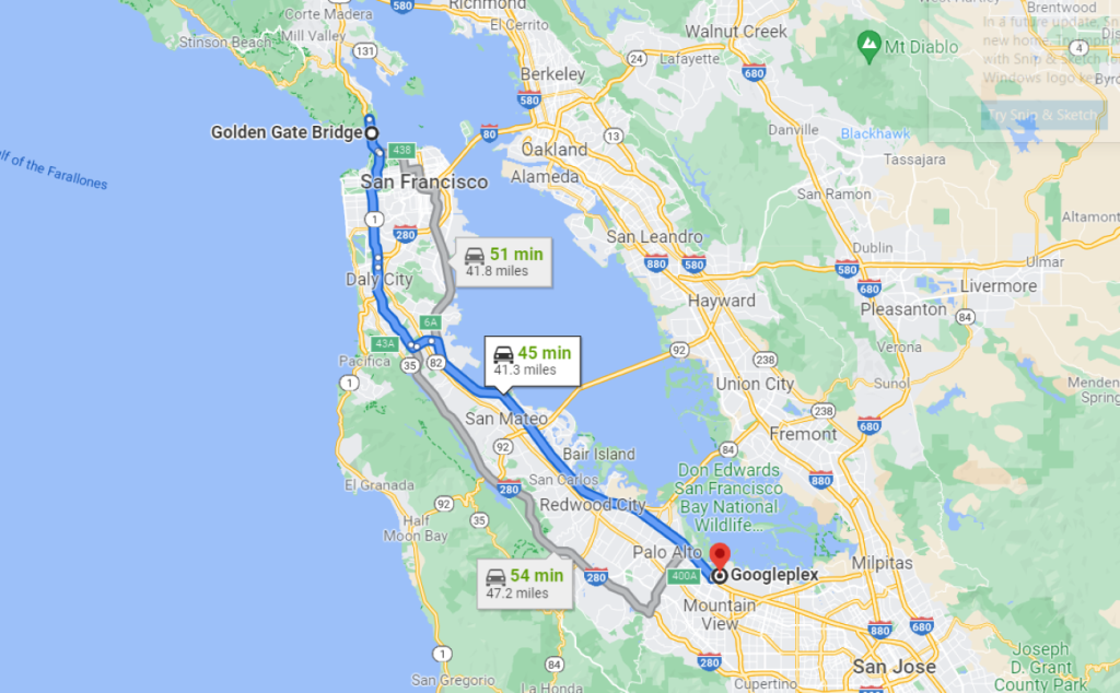 Directions from the Golden Gate bridge to Googleplex on Google Maps
