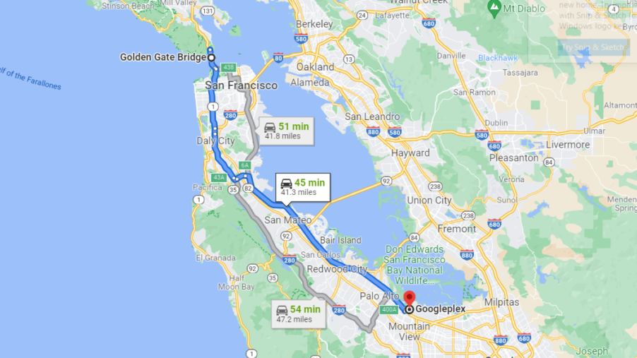 Directions from the Golden Gate Bridge to Googleplex on Google Maps