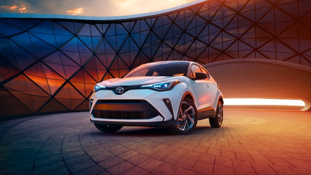 Driver's side front angle view of white 2022 Toyota C-HR