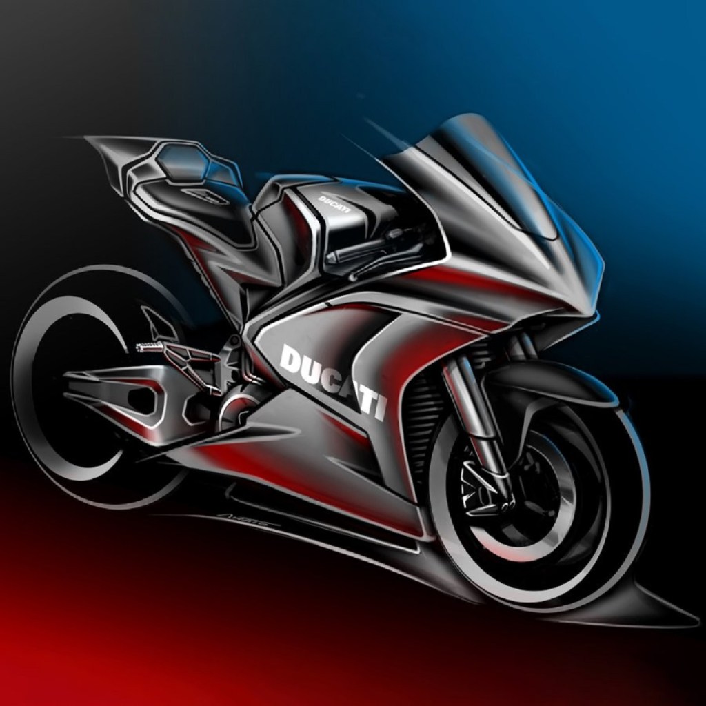 A gray Ducati MotoE electric motorcycle concept sketched against a blue-and-red background