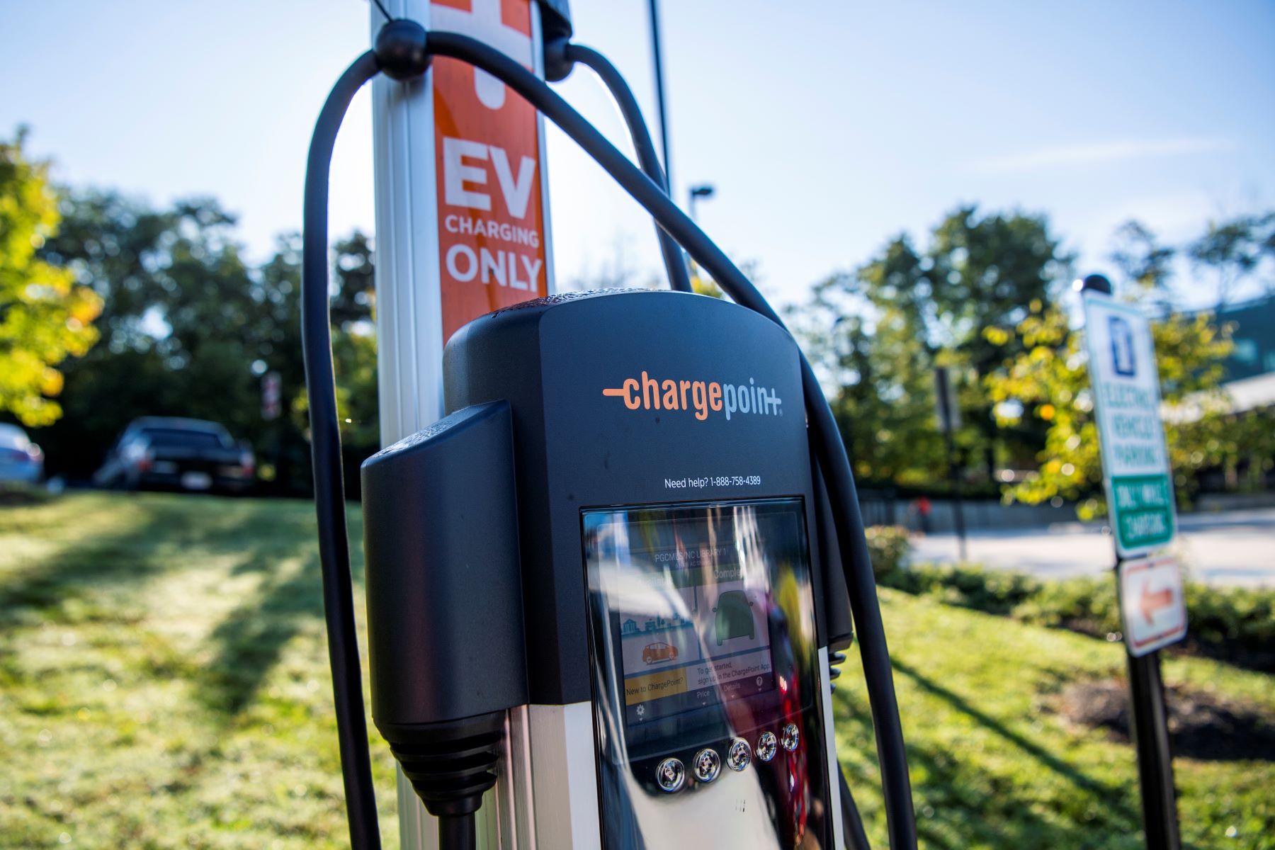 An EV ChargePoint charging station in New Carrollton, Maryland
