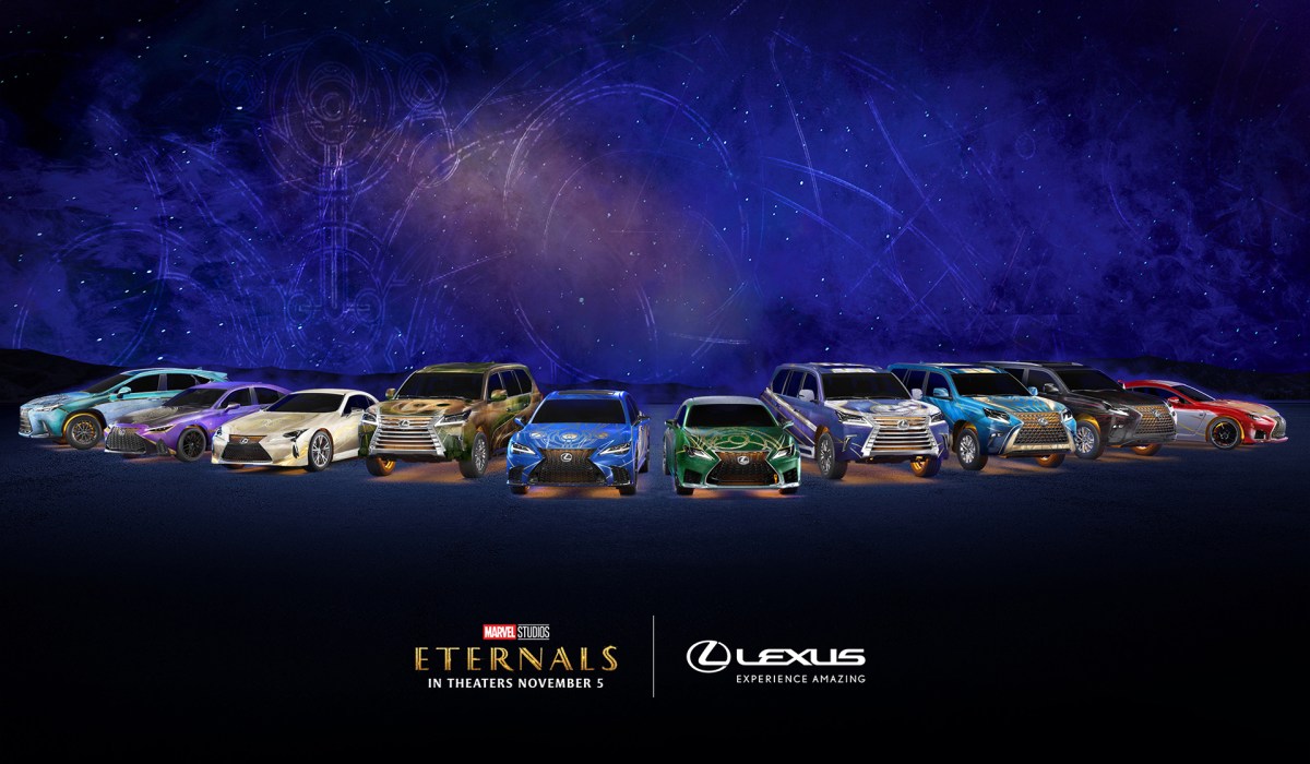 A group shot of 10 Lexus vehicles that are themed after characters that appear in Marvel Studios' "The Eternals"