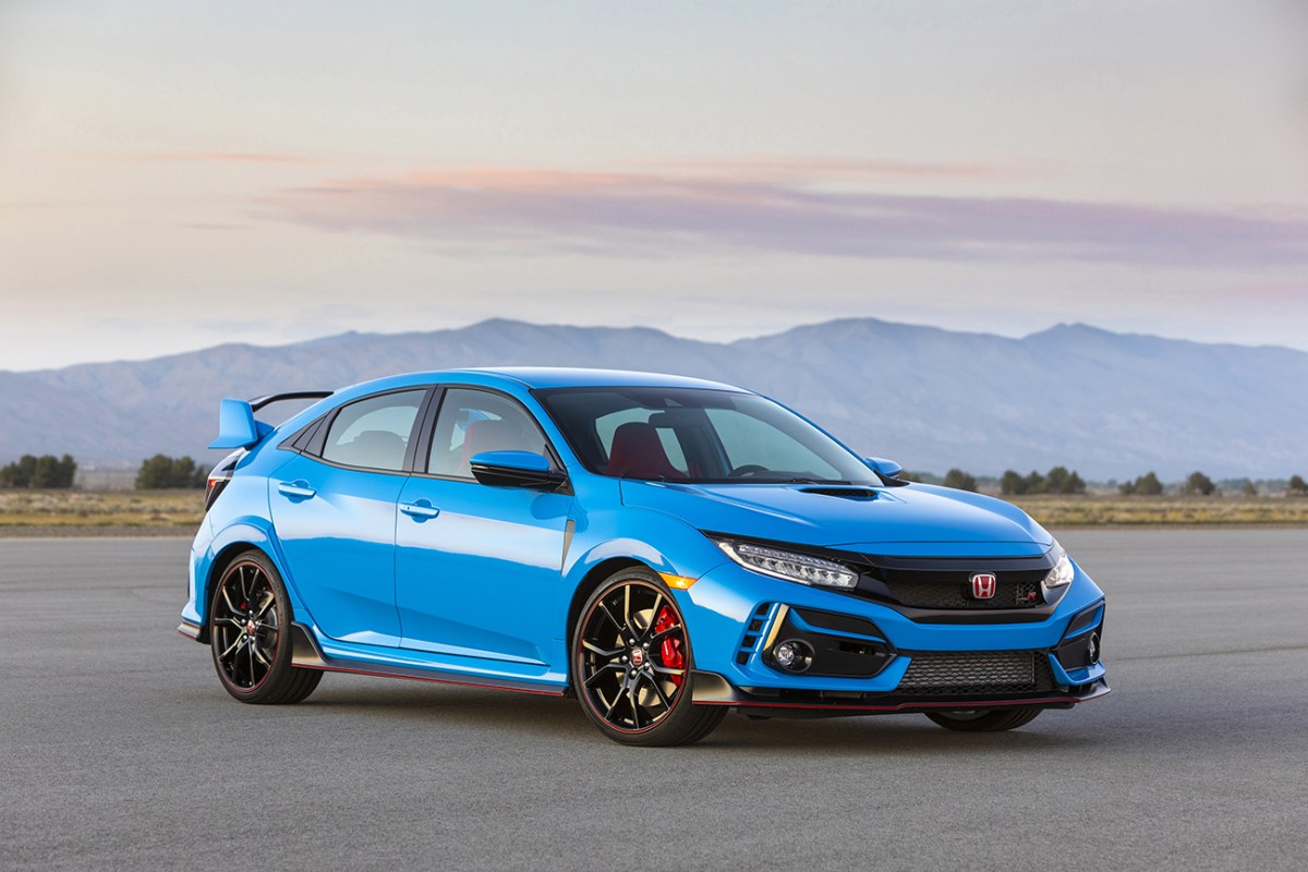A 2021 Honda Civic Type R with "Boost Blue" paint job.