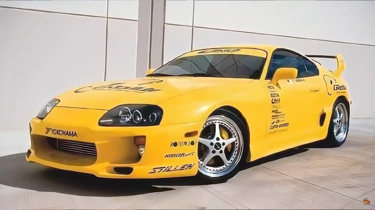 Before it was orange, this is what the Fast and Furious Supra looked like. It was originally bright yellow with a Stillen body kit with completely different five spoke wheels and a urethane rear wing