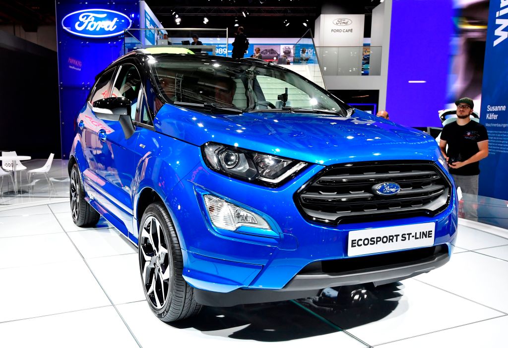 A blue Ford EcoSport at Frankfurt Auto Show in Germany