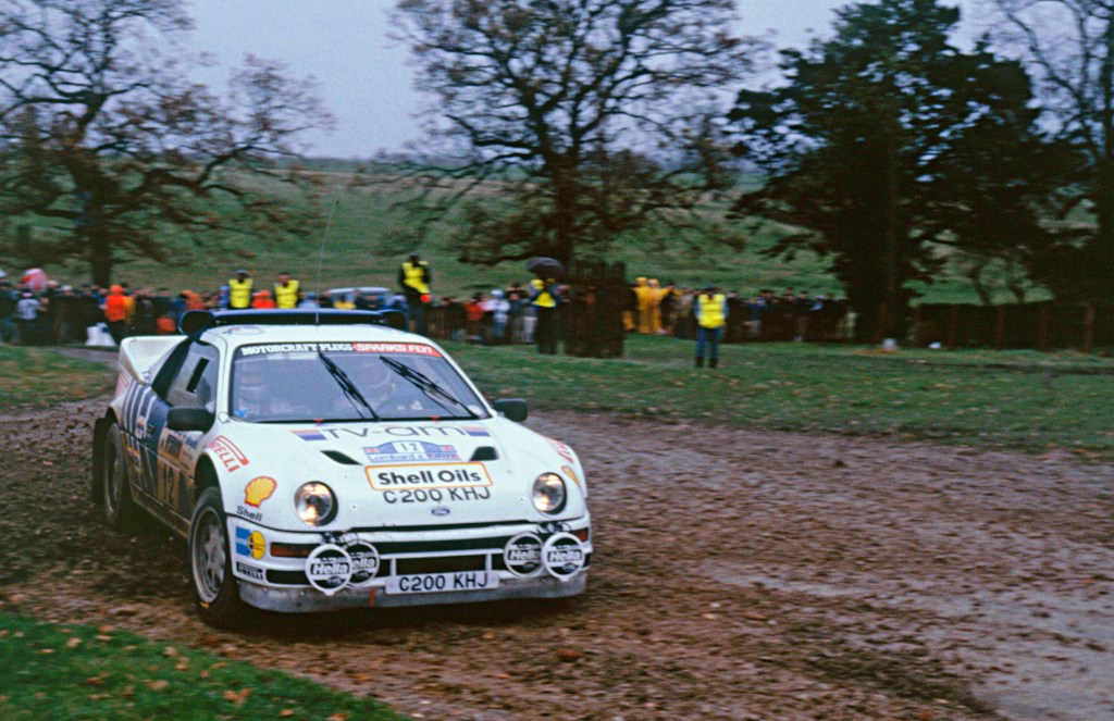 The Ford RS200 slidding through a turn on a rally stage. This is easily one of the coolest Group B Rally cars ever made. 