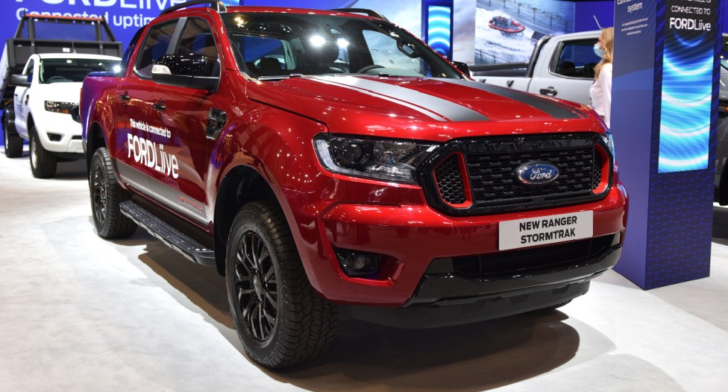 A red Ford Ranger which is connected to FordLive is displayed during the Commercial Vehicle Show at the NEC on September 02, 2021 in Birmingham, England.
