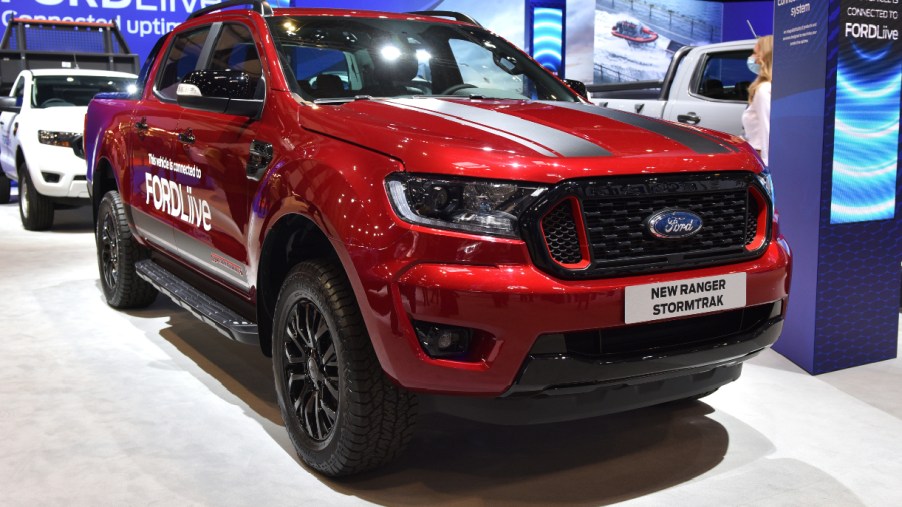 A red Ford Ranger which is connected to FordLive is displayed during the Commercial Vehicle Show at the NEC on September 02, 2021 in Birmingham, England.