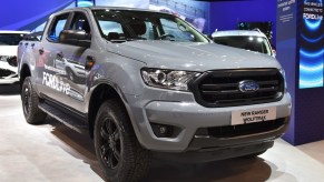 A gray Ford Ranger which is connected to FordLive is displayed during the Commercial Vehicle Show at the NEC on September 02, 2021 in Birmingham, England.