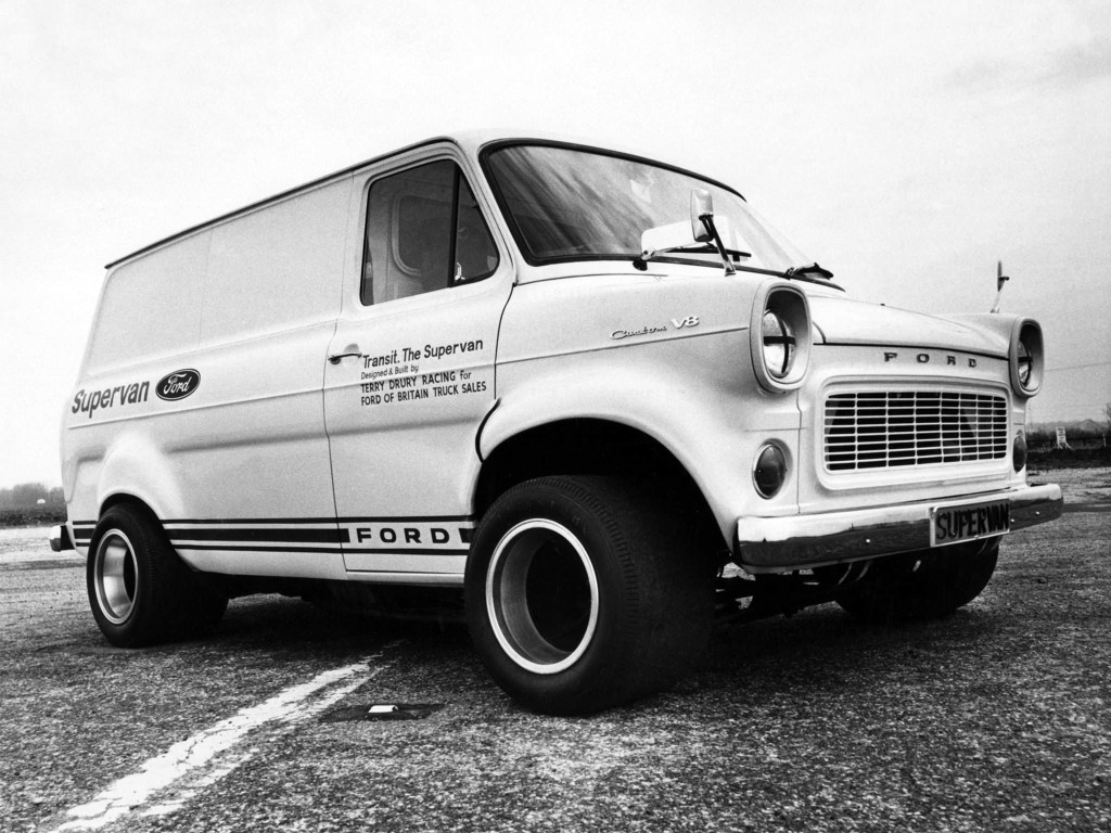 black and white photo of the original ford Supervan, which was basically just a Ford GT40