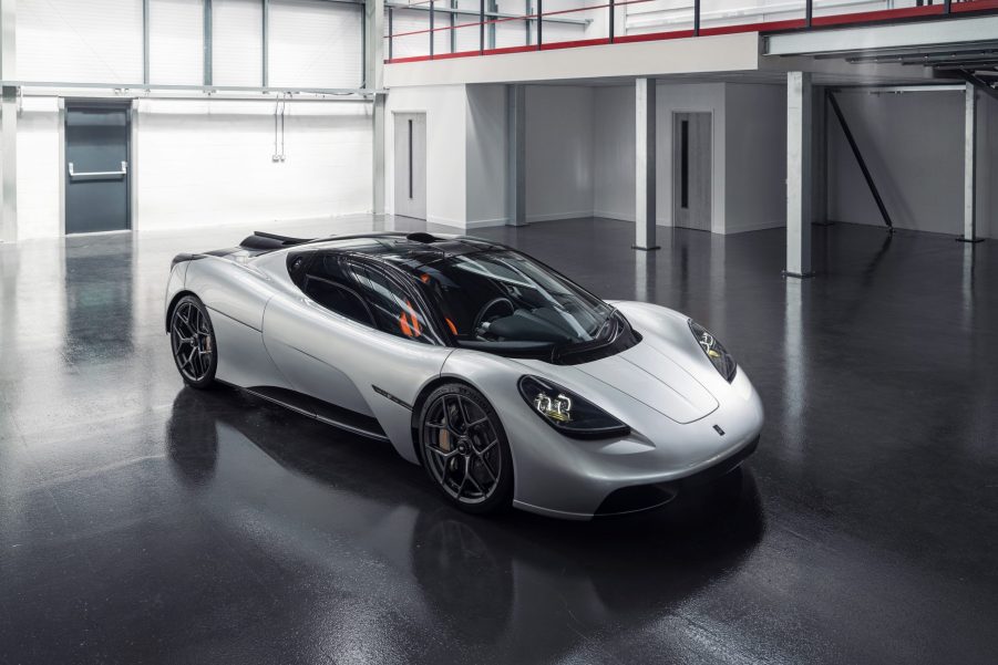 A silver GMA T.50 shot in Gordon Murray's workshop from the front 3/4 angle