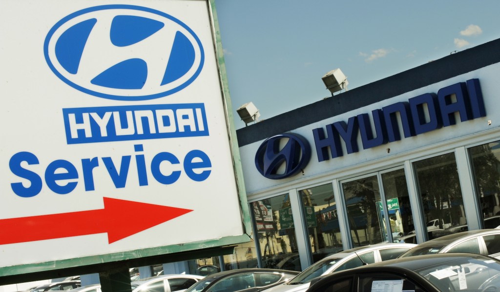 This is a photo of Hyundai dealership in California. There is a Hyundai Recall Alert: Seventh Generation Sonatas Crippled by Three Separate Safety Issues | MARK RALSTON/AFP via Getty Images