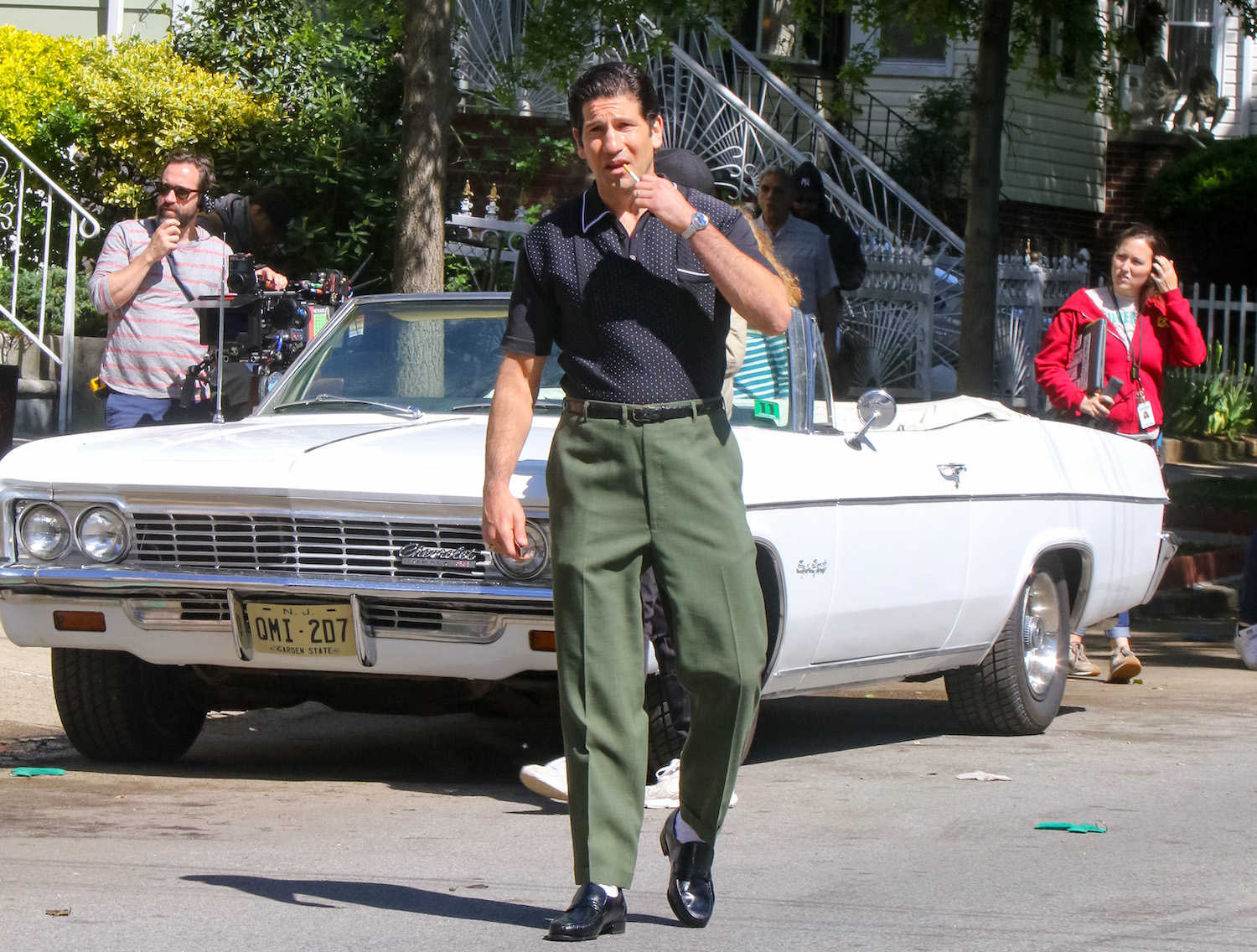 Jon Bernthal on set with the 1966 Chevrolet Impala Super Sport. Bernthal plays Tony Soprano's father in this prequel film. This is just one of the Many Classic Cars in The Many Saints of Newark | Jose Perez/Bauer-Griffin/GC Images