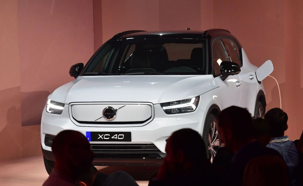 Volvo unveils the XC40 Recharge at an auto show. The Volvo IPO is rumored to set the Swedish manufacturer's valuation at $25 billion, as its parent company attempts to ride the electric manufacturer wave. | FREDERIC J. BROWN/AFP via Getty Images