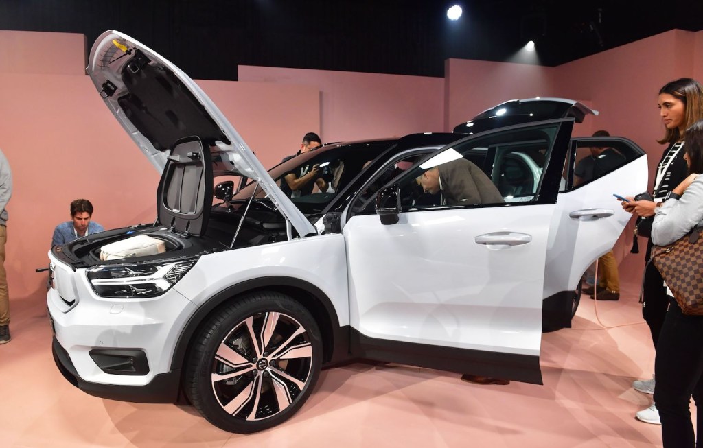 Volvo unveils the XC40 Recharge at an auto show. The Volvo IPO is rumored to set the Swedish manufacturer's valuation at $25 billion, as its parent company attempts to ride the electric manufacturer wave. | FREDERIC J. BROWN/AFP via Getty Images