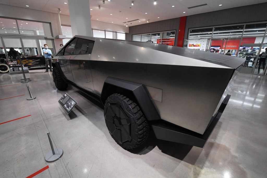 The Cybertruck prototype, with digital Tesla mirrors is on display. Later prototypes feature traditional Cybertruck mirrors | ROBYN BECK/AFP via Getty Images