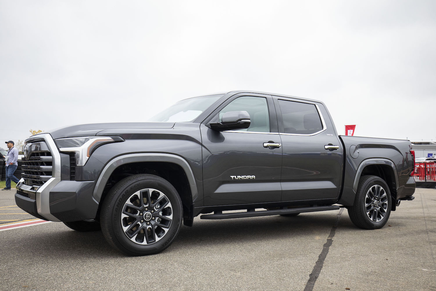 This is a photo of a 2022 Toyota Tundra at a publicity event. Will The Leaked 2022 Toyota Tundra Capstone compete with the GMC Denali and Ford F-150 Limited? | Bill Pugliano/Getty Images