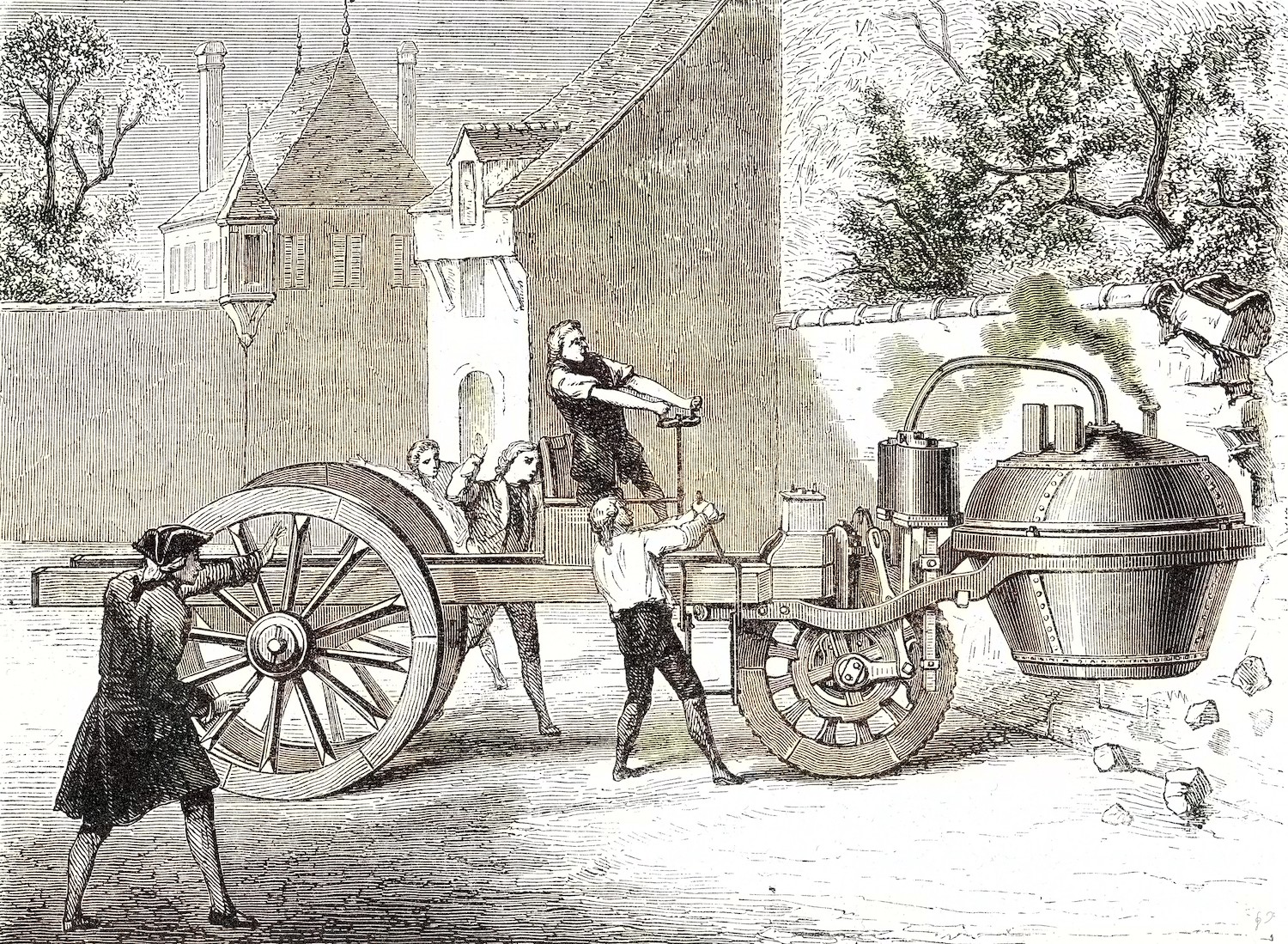 This is an illustration of Nicola-Joseph Cugnot testing his steam car in 1770 | Hulton Archive. the first car was made in 1769. The steam powered military transport predated the Benz patent Motorwagen by a hundred years. | Hulton Archvie / Stringer / Getty Images