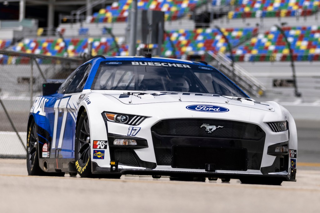 Chris Buescher's #17 Next Gen car in the Daytona pits. This is our ultimate guide to the 725 horsepower engine, downforce improving aerodynamics, and transaxle transmission of the NASCAR Next Generation car. | James Gilbert/Getty Images
