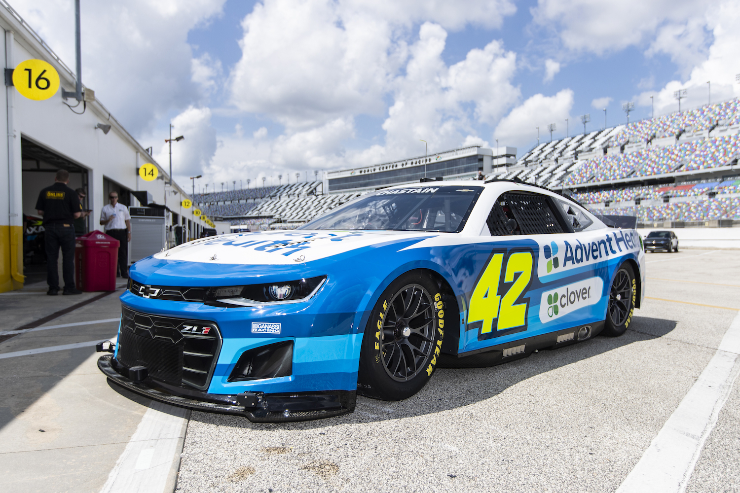 This is Ross Chastain's #42 NASCAR Next Gen car parked in the Daytona pits during testing. The V8 NASCAR engines powering the Next Gen cars will be allowed to make hundreds more horsepower to battle the advanced aerodynamics of the new vehicles. | James Gilbert/Getty Images