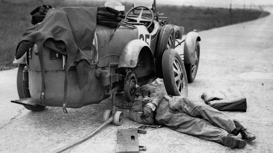 Lord Howe changing the rear wheel of his Bugatti car in 1930 while driving with Captain Malcolm Campbell during the Double Twelve Hour Race on the motor racing circuit Brooklands. United Kingdom. Slow leaks have always been an annoying problem, but you can use soap to find a slow tire leak or valve stem leak. | Imagno/Getty Images