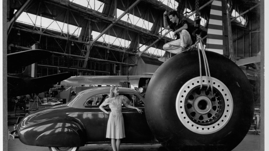 This is a vintage photo of a 96-inch tire for B19 bomber in diameter and weighting 2700 pounds with the wheel and brake, will be installed on the Guardian of Hemisphere B19 bomber | Library of Congress/Corbis/VCG via Getty Images