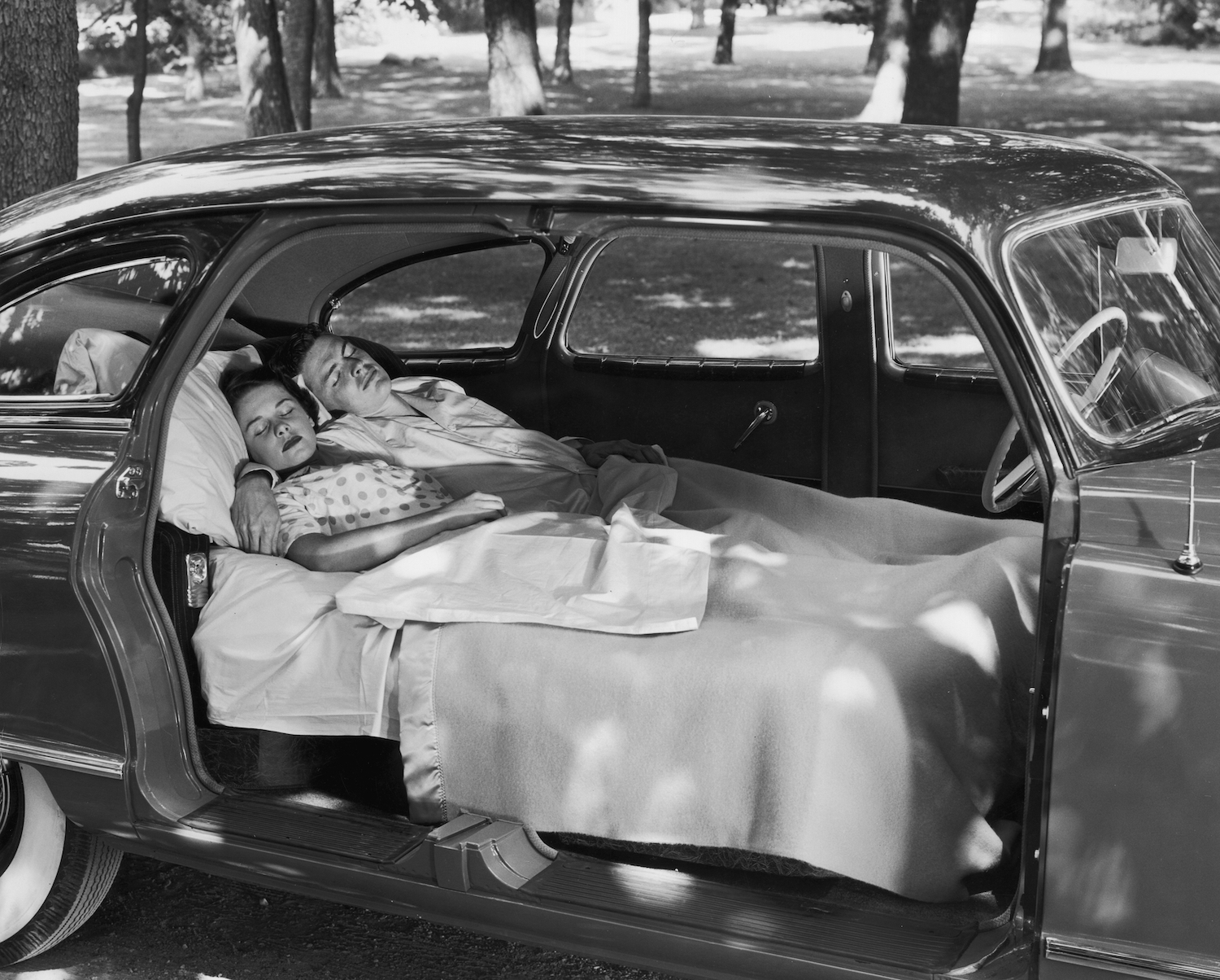 This 1949 Nash was engineered with fold-flat seats. You can park and sleep in your car if you are not breaking any local laws. There is no federal law against sleeping in your car--in a legal parking spot. |  FPG/Hulton Archive/Getty Images