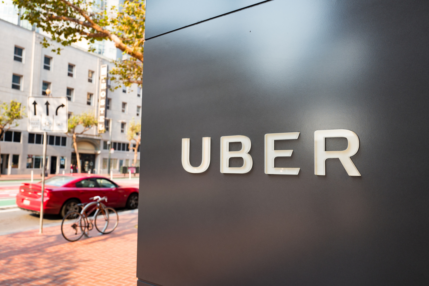An Uber sign ahead of the deal with Tesla, Hertz, and Tom Brady