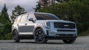 Everlasting Silver 2022 Kia Telluride parked in front of a forest