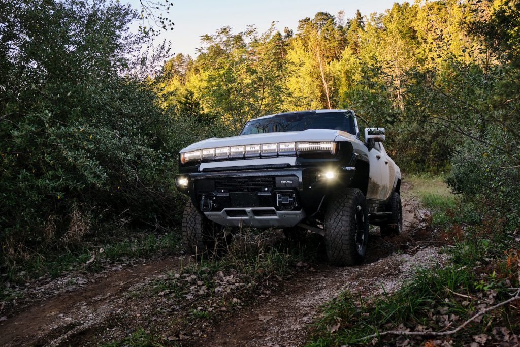 This is a photo of the GMC Hummer EV navigating a trail during off-road testing. Jay Leno test-drove the truck as well and was impressed. | Steve Fecht via GMC