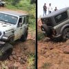 A Jeep Wrangler and a Mahindra Thar off-roading side by side. This is the same Mahindra that makes Mahindra tractors and nearly everythign else with a motor it seems.