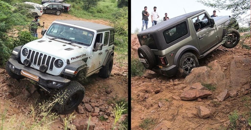 A Jeep Wrangler and a Mahindra Thar off-roading side by side. This is the same Mahindra that makes Mahindra tractors and nearly everythign else with a motor it seems. 