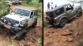 A Jeep Wrangler and a Mahindra Thar off-roading side by side. This is the same Mahindra that makes Mahindra tractors and nearly everythign else with a motor it seems.