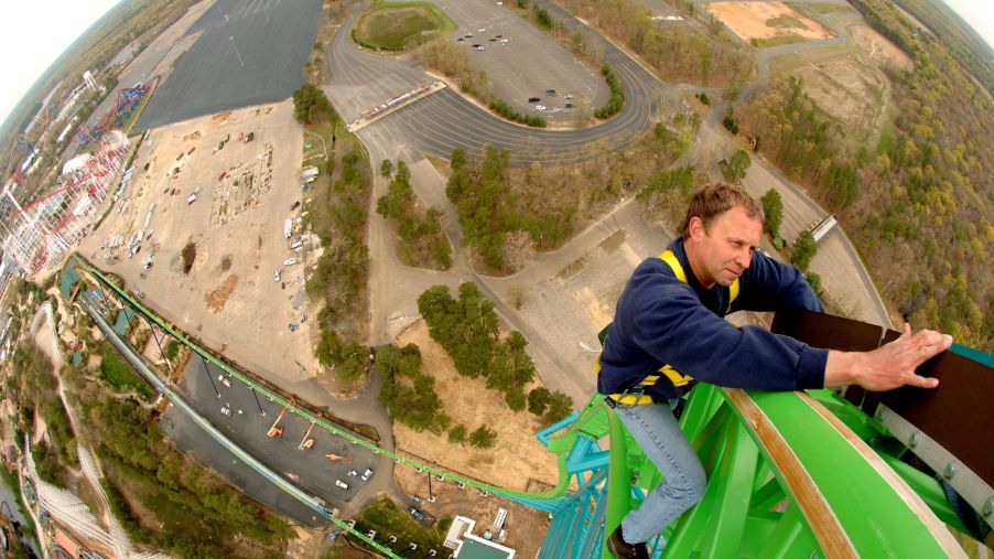 A workman performing maintenance on the Kingda Ka roller coaster