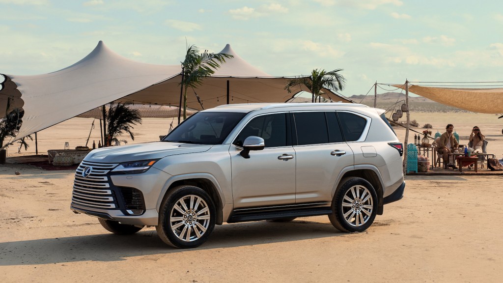This is a promotional photo of a silver 2022 Lexus LX 600. Toyota Corporation is trying to position the luxury SUV as the safari-ready Land Cruiser's North American replacement.