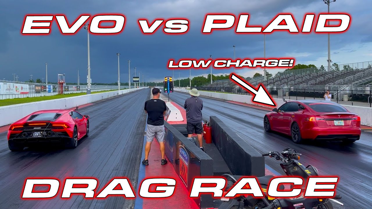 Lamborghini Huracan EVO vs Tesla Model S Plaid drag race from the DragTImes YouTube channel