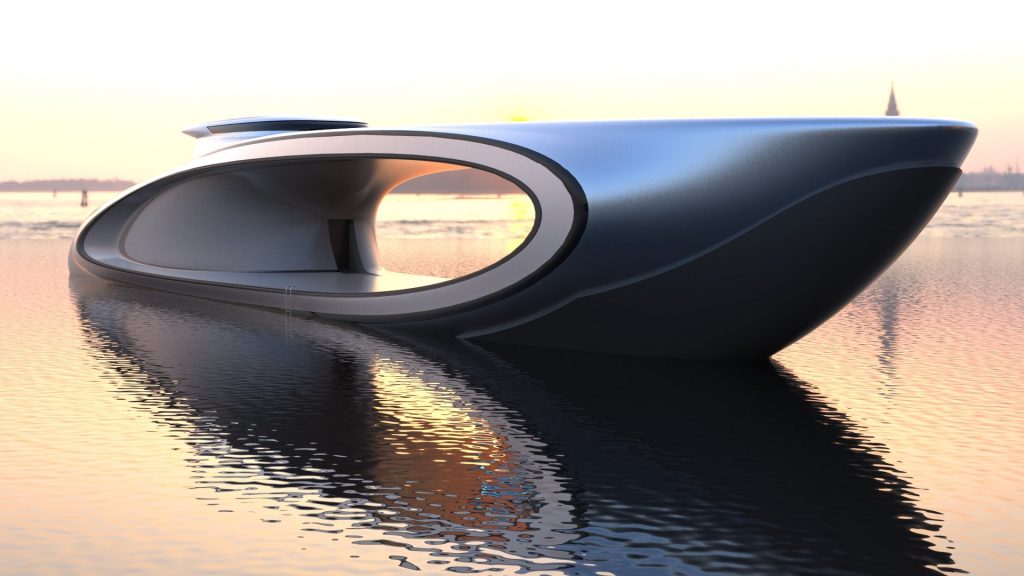 Lazzarini The Shape superyacht with calm water and a sunset shining through its hole deck