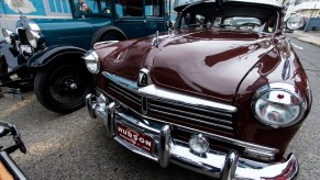 Front view of maroon 1949 Hudson Commodore