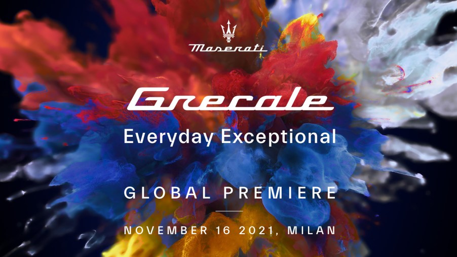 Feature graphic with colorful explosions of chalk powder for the Maserati Grecale SUV debut