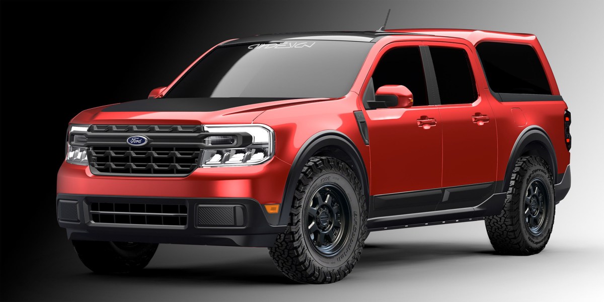 2022 Ford Maverick truck styled by Air Design USA. The truck shown here is deep red with matte black fender flares, a black hood scoop, tinted windows, black wheels, and all terrain tires. This truck will be on display in Ford's exhibit at SEMA 2021