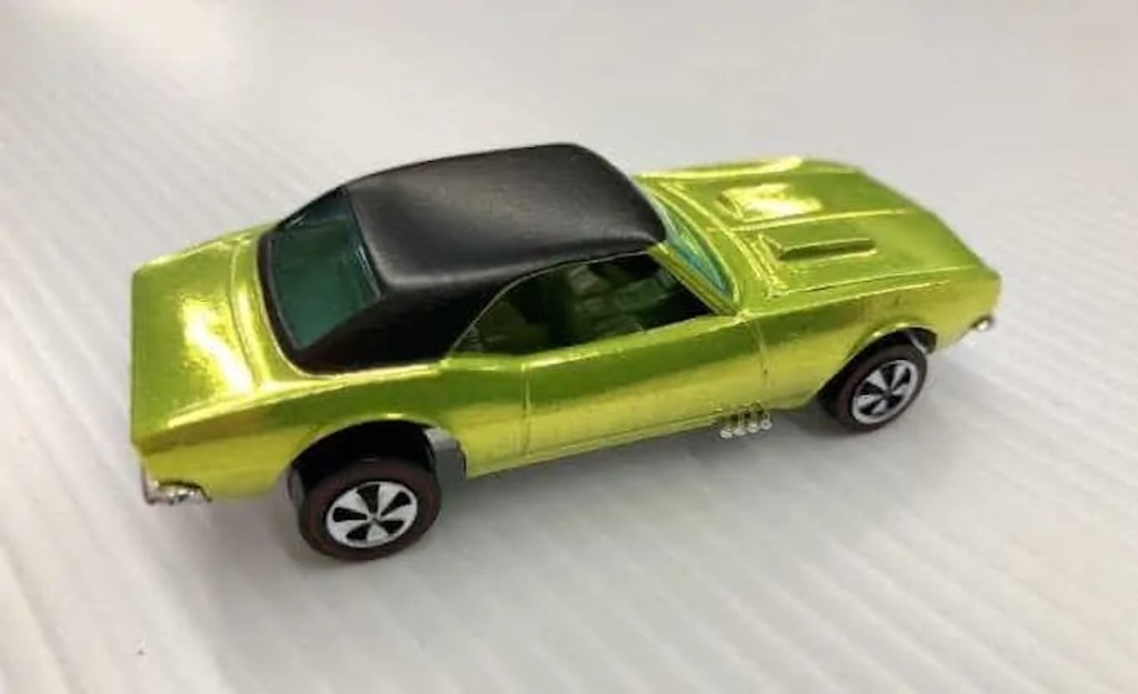1968 Over Chrome Camaro in Antifreeze green against white background is one rare hot wheels